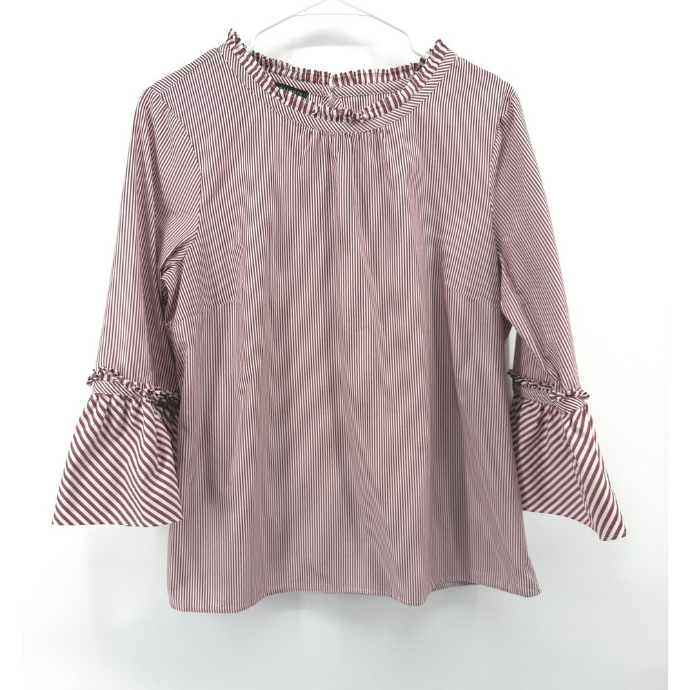 Talbots Burgundy Stripe Top Ruffle Neck Bell Sleeve Cotton Top Preppy Women L